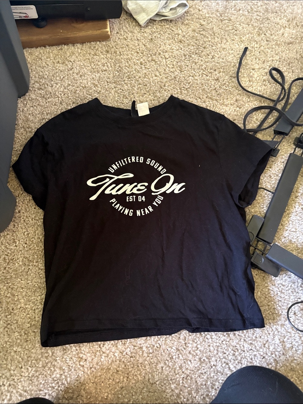 H&M Black Short Sleeve Tee with White 'Tune On' Graphic